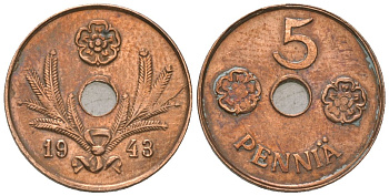 Финляндия 5 пенни 1943 KM 64 медь 4174-757
