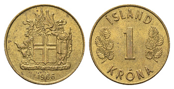 Исландия 1 крона 1966 KM 12a никель латунь aUNC 4695-527