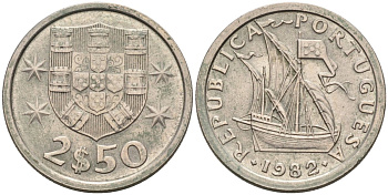Португалия 2,5 эскудо 1982 Парусник KM 590 медно-никель 4575-233