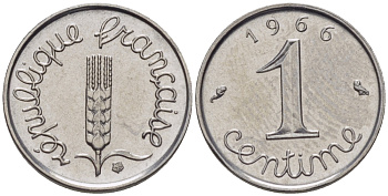 ФРАНЦИЯ 1 САНТИМ 1966 KM 928 хромированная сталь 66-437