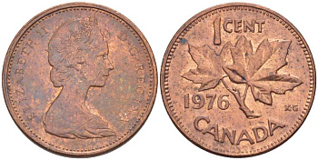 Канада 1 цент 1976 Елизавета II (1952-2022), кленовый лист KM 59.1 бронза 54-644