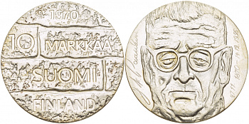 Финляндия 10 марок 1970 S-H, день рождения президента Юхо Паасикиви KM 51 серебро UNC 1515-1413