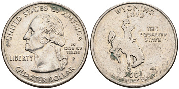 США 25 центов (квотер) 2007 P, серия штаты США, Вайоминг KM 399 медь плакированная медно-никелем 4586-212