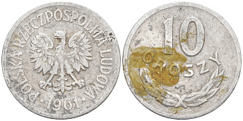 ПОЛЬША 10 ГРОШЕЙ 1961 MW KM АА47 алюминий 187-912