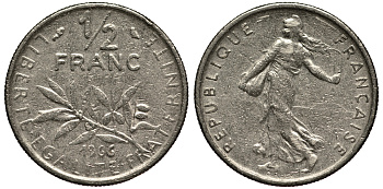 ФРАНЦИЯ 1/2 ФРАНКА 1969 СЕЯТЕЛЬ KM 931.1, LE FRANC 198.5 никель 4390-733