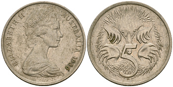 Австралия 5 центов 1980 Елизавета II (1952- ), ехидна KM 64 медно-никель 4608-825