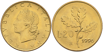 Италия 20 лир 1996 R, дубовый лист KM 97.2 алюминиевая бронза  UNC  4594-1044