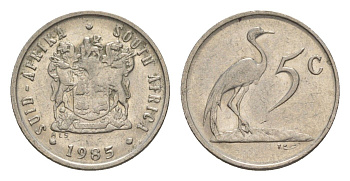 ЮАР 5 центов 1985 герб, райский журавль KM 84 никель 4598-955