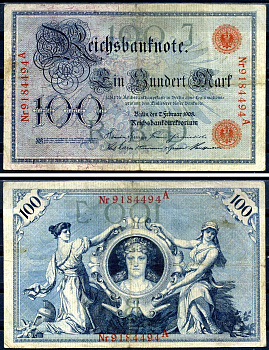 Германия 100 марок 1908 7 февраля 1908, номер 29 мм, серия J, буква A, выпуск конец 1916 - ноябрь 1918, красная печать Pick 33 бумага 8619-27-1-1