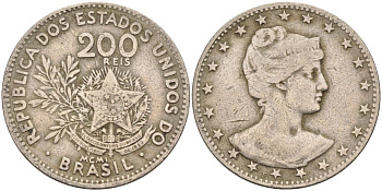 Бразилия 200 рейс 1901 голова свободы вправо KM 504 медно-никель 4589-1126