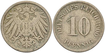 Германия 10 пфеннигов 1900 J KM 12, J. 13 медно-никель 4401-1134
