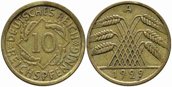 ГЕРМАНИЯ 10 РЕЙХСПФЕННИГОВ 1929 А KM 40, J. 317 алюминиевая бронза 113-125
