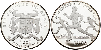 Бенин 1000 франков 1995 XXVI Олимпийские игры 1996 в Аталанте, бег KM 12 серебро PROOF 01-076-44
