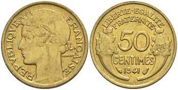 ФРАНЦИЯ 50 САНТИМОВ 1941 ТИП MORLON KM 894.1, LE FRANC 192.18 алюминиевая бронза 44-439