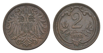 Австрия 2 геллера 1905 Франц Иосиф I (1848-1916) KM 2801 бронза 4639-1021