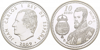 Испания 10 евро 2009 Филипп II король Испании из династии Габсбургов KM 1214 серебро  PROOF  11-166-31