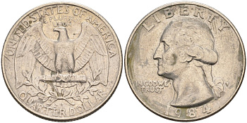 США 25 центов (квотер) 1984 P, Вашингтон KM A164a медь плакированная медно-никелем 92-1227