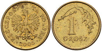 Польша 1 грош 2005 MW KM 276, Parchimowicz 701n латунь 4580-462