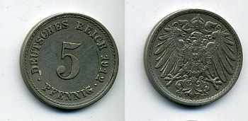 ГЕРМАНИЯ 5 ПФЕННИГОВ 1912 F, KM 11, J. 12 медно-никель 29-835