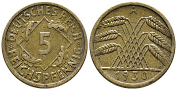 ГЕРМАНИЯ 5 РЕЙХСПФЕННИГОВ 1930 A KM 39, J. 316 алюминиевая бронза 39-563