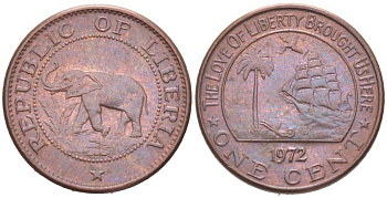 Либерия 1 цент 1942 слон KM 13 бронза 218-1116