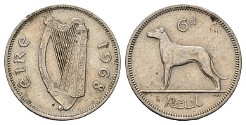 Ирландия 6 пенсов 1968 собака, ирландский волкодав KM 13a медно-никель 4682-558