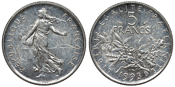 Франция 5 франков 1993 сеятель KM 926a.1, Le Franc 341.27 никель плакированный медно-никелем 4123-522