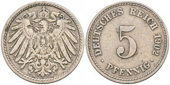 ГЕРМАНИЯ 5 ПФЕННИГОВ 1902 A, KM 11, J. 12 медно-никель 73-1714