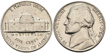 США 5 центов 1964 Джефферсон KM А192 медно-никель 92-1053