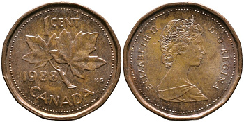 КАНАДА 1 ЦЕНТ 1988 ЕЛИЗАВЕТА II (1952-), КЛЕНОВЫЙ ЛИСТ, ВТОРОЙ ПОРТРЕТ В КОРОНЕ KM 132 бронза 4528-758