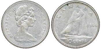 Канада 10 центов 1966 Елизавета II (1952-2022), парусник KM 61 серебро 4178-246