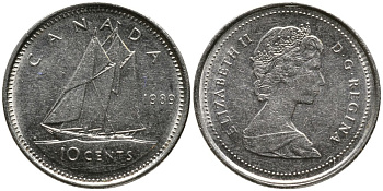 КАНАДА 10 ЦЕНТОВ 1989 ЕЛИЗАВЕТА II (1952-), ПАРУСНИК, ВТОРОЙ ПОРТРЕТ В КОРОНЕ KM 77.2 никель 4532-835