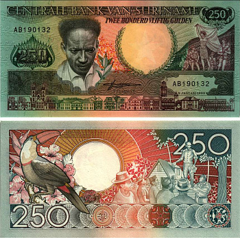 Суринам 250 гульденов 1988 Антон де Ком, тукан на ветке Pick 134 бумага UNC (пресс) 7220-71-2