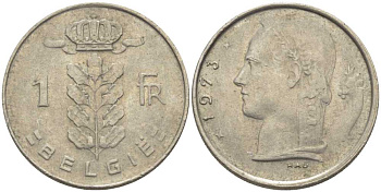 БЕЛЬГИЯ 1 ФРАНК 1973 BELGIE, БОДУЭН I (1951-1993) KM 143.1 медно-никель 119-631