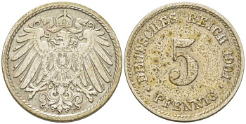 ГЕРМАНИЯ 5 ПФЕННИГОВ 1901 F KM 11, J. 12, Weege 6 медно-никель 206-928