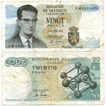 Бельгия 20 франков 1964 Бодуэн I, атомиум, Esselens Pick 138 (2) бумага 7486-68-1-2