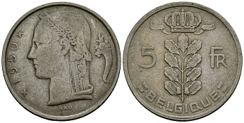 Бельгия 5 франков 1950 Belgique KM 134 медно-никель 4172-546