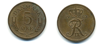 ДАНИЯ 5 ЭРЕ 1967 C; S, ФРЕДЕРИК IX (1947-1972) KM 848.1 бронза 80-336