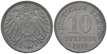 Германия 10 пфеннигов 1919 KM 26, J. 299 цинк 4115-1049