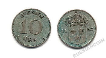 Швеция 10 эре 1935 G, Густав V (1907-1950) KM 780 серебро 25-1457