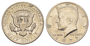 США 1/2 доллара (50 центов) 1972 Джон Кеннеди KM 202b медь плакированная медно-никелем aUNC 4140-835