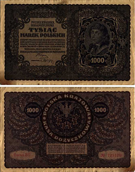 ПОЛЬША 1000 МАРОК 1919 23 АВГУСТА 1919, ТРЕТИЙ ВЫПУСК, ПОРТРЕТ КОСТЮШКО Pick 29 бумага VF 8607-18-1