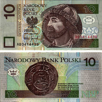 ПОЛЬША 10 ЗЛОТЫХ 1994 (1995) 25 МАРТА 1994, ПЕРВЫЙ ПОЛЬСКИЙ КНЯЗЬ МЕШКО I (930-992) Pick 173а бумага XF 7487-35-2-1