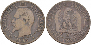 Франция 5 сантимов 1855 BB, Наполеон III (1852-1870) KM 777.3, LE FRANC 116.21 бронза 4448-1235
