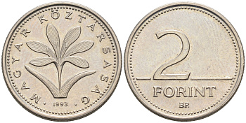 ВЕНГРИЯ 2 ФОРИНТА 1993 ВР KM 693 медно-никель UNC 4564-148