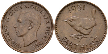 Великобритания 1 фартинг 1951 Георг VI (1936-1952) KM 867, Spink 4119 бронза 4154-266