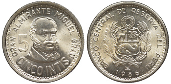 Перу 5 инти 1986 Мигель Грау KM 300 медно-никель UNC 4605-324