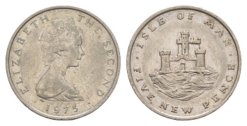Остров Мэн 5 пенсов 1975 PM, Елизавета II (1952-2022) KM 22 медно-никель 4656-1036