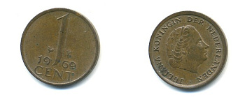 НИДЕРЛАНДЫ 1 ЦЕНТ 1969 ЮЛИАНА KM 180 бронза 80-962