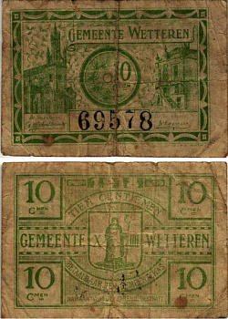 БЕЛЬГИЯ 10 САНТИМОВ 1918 МУНИЦИПАЛИТЕТ ГОРОДА ВЕТТЕРЕН, НОТГЕЛЬД бумага 8606-53-1-2